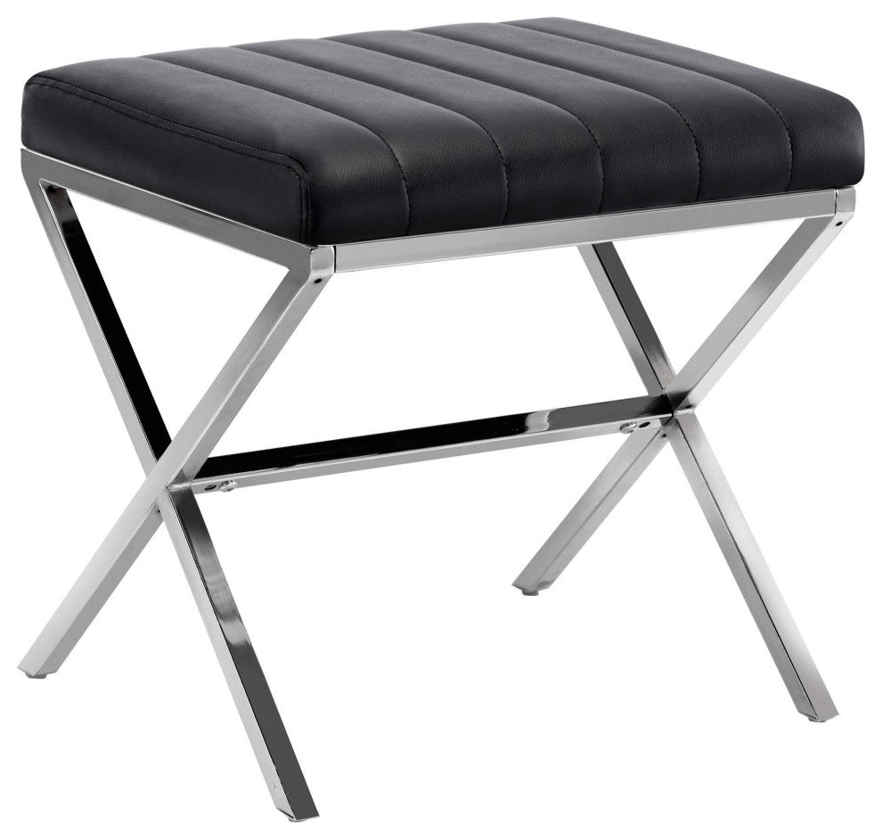 Channel-Tufted Faux Leather X Bench, Black