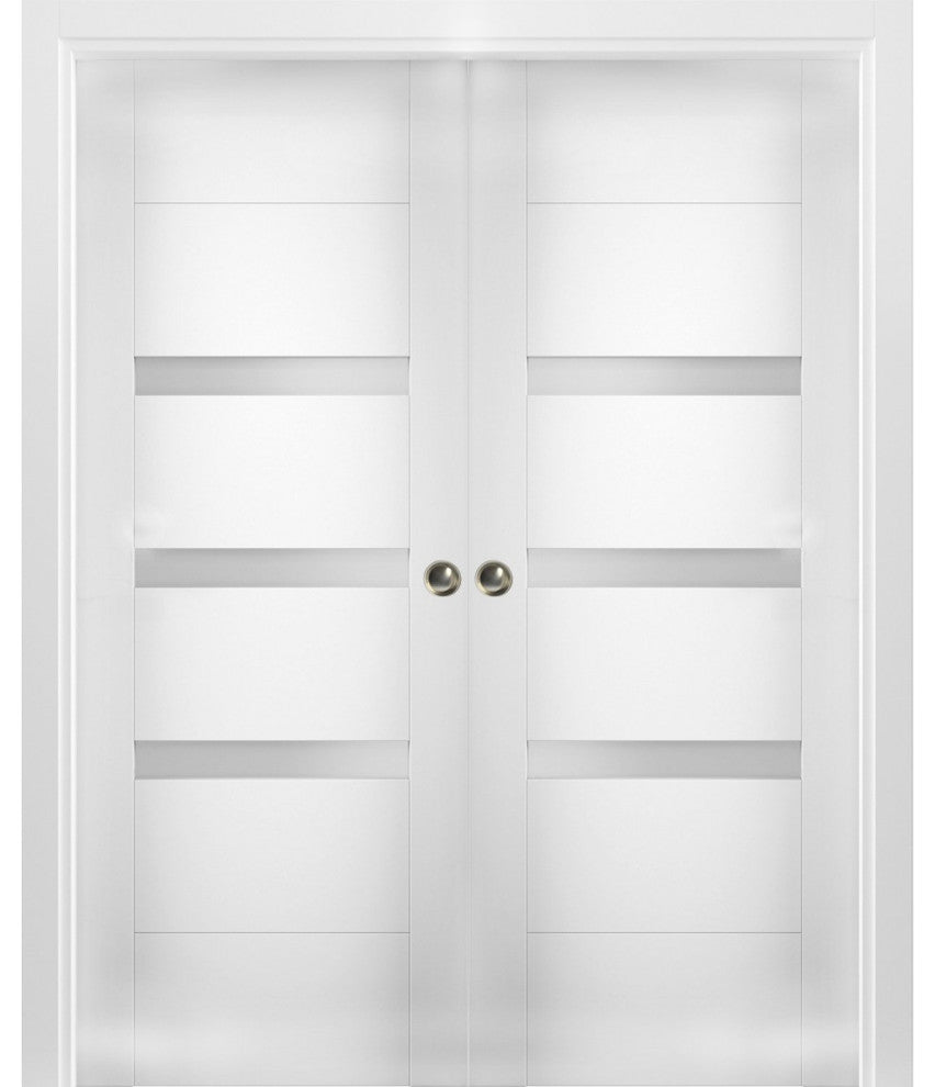 Interior Double Pocket Doors 64x84 in Opaque Glass | Sete 6900 White Silk