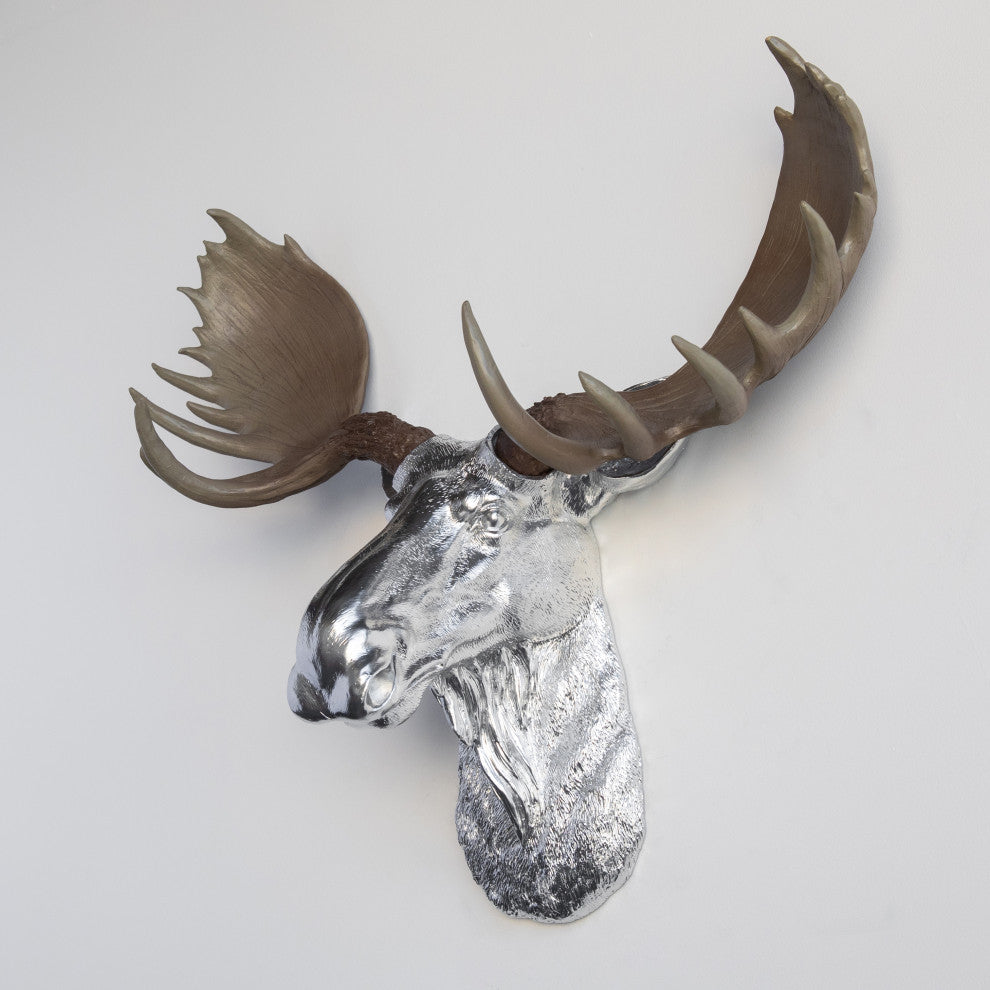 Faux Taxidermy Moose Head Wall Mount, Silver and Natural