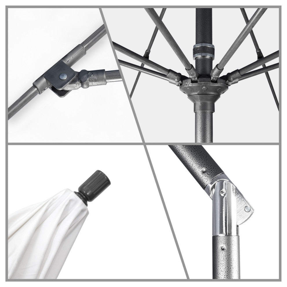 9' Grey Collar Tilt Lift Fiberglass Rib Aluminum Umbrella, Olefin, Gray White Cabana Stripe