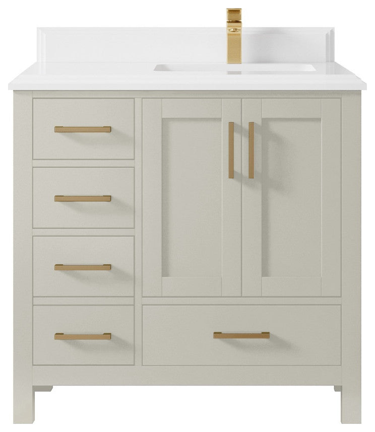 Malibu 36" Right Offset Bath Vanity in Fine Grain 1.5" White Quartz