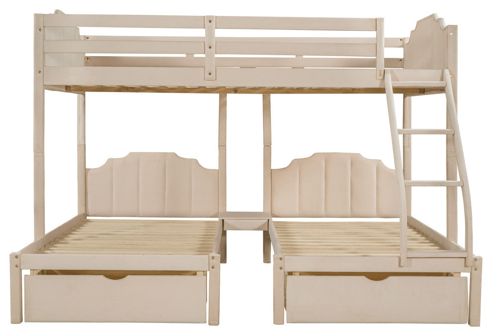 Gewnee Velvet Full Over Twin Triple Bunk Bed with Drawers in Beige
