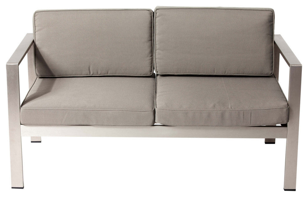 Benzara BM287832 Sofa, Sleek Silver Aluminum Frame, Water Resistant Cushions