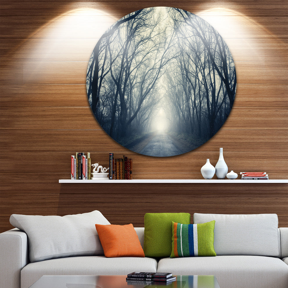 Dark Autumn Forest In Fog, Modern Photography Disc Metal Artwork, 23"