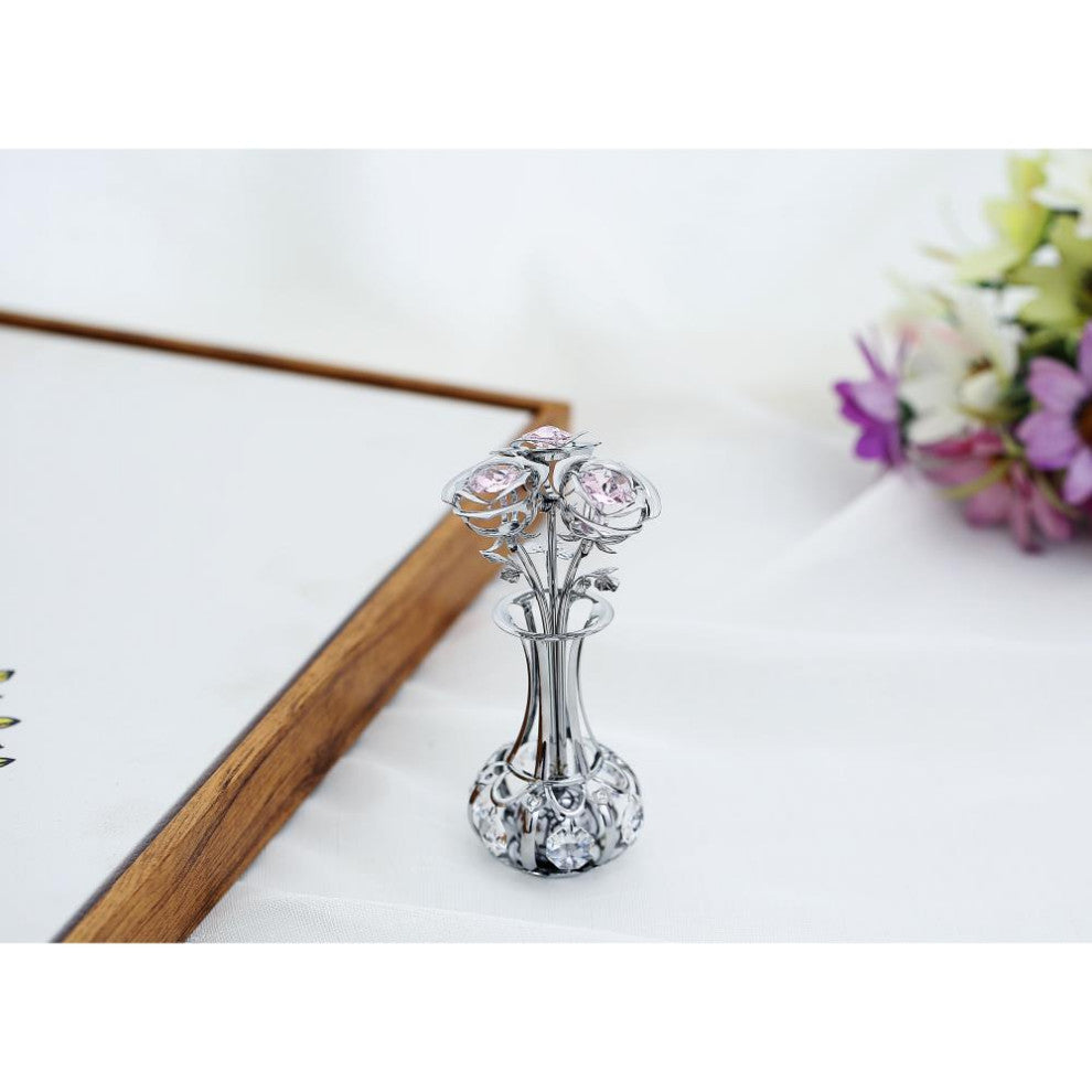 Chrome Plated Silver Flowers Bouquet and Vase With Pink and Clear Crystals