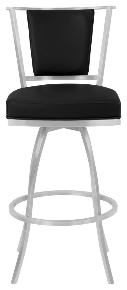 30" Sleek Black Faux Leather Brushed Stainless Steel Bar Stool