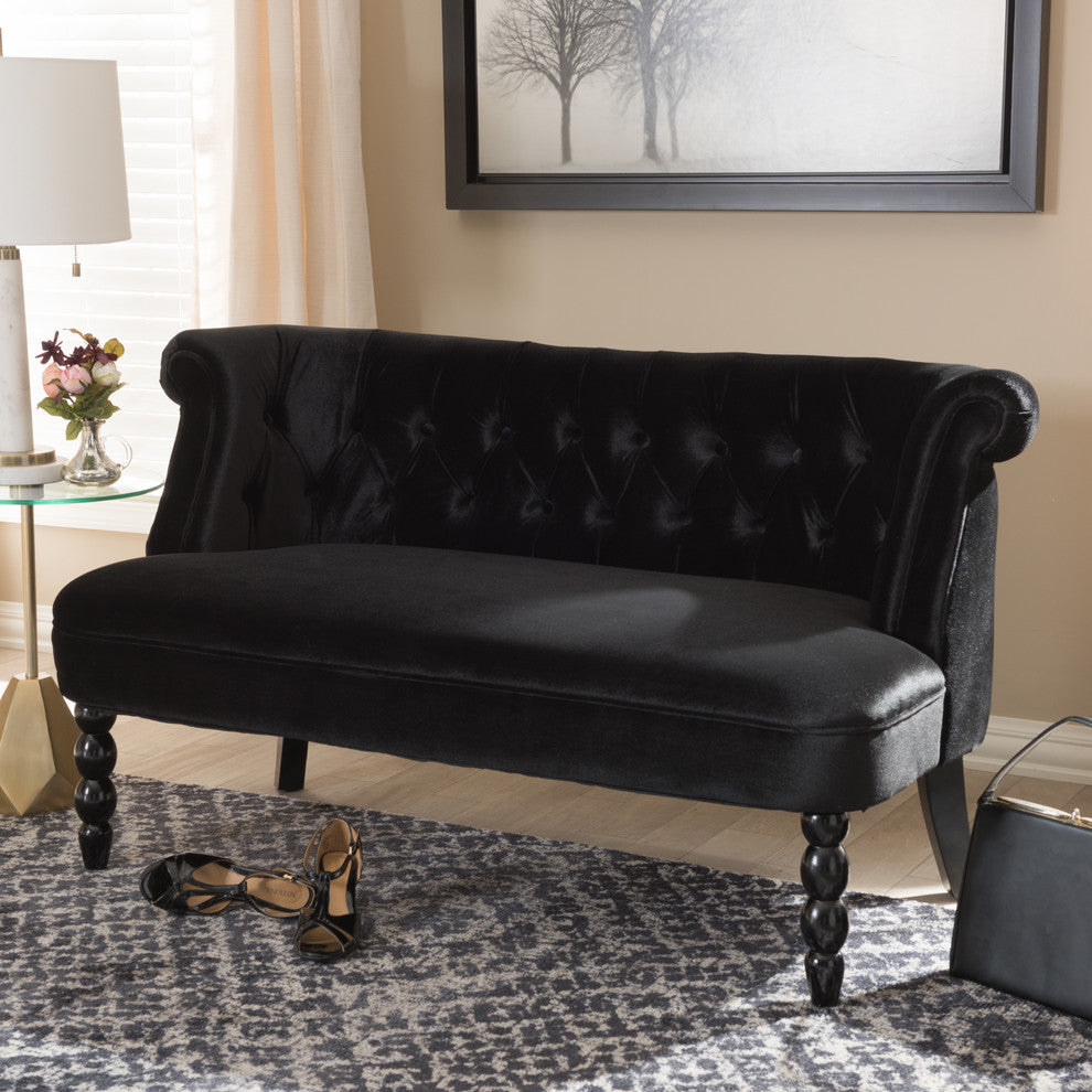 Flax Victorian Style Black Velvet Fabric Upholstered 2-seater Loveseat