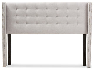 Ginaro Grayish Beige Fabric Button-Tufted Nail Head King Size Winged Headboard