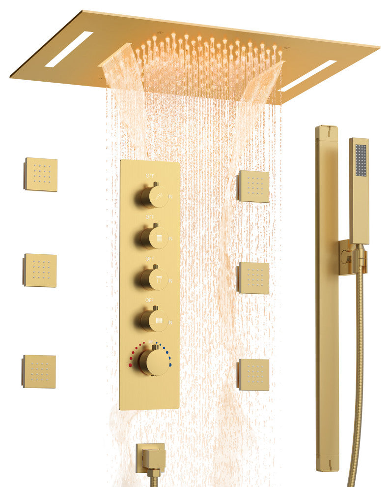 LED Thermostatic Shower System Rain Shower Head With 6 Body Jets, Brushed Gold, 23"x15", Slide Bar