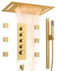 LED Thermostatic Shower System Rain Shower Head With 6 Body Jets, Brushed Gold, 23"x15", Slide Bar