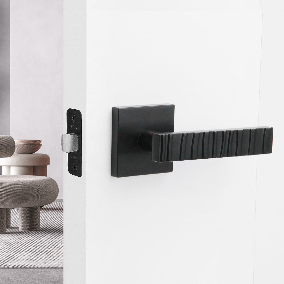 Modern Heavy Duty Designer Interior Door Lever - Groove Collection, Matte Black, Passage Left Hand