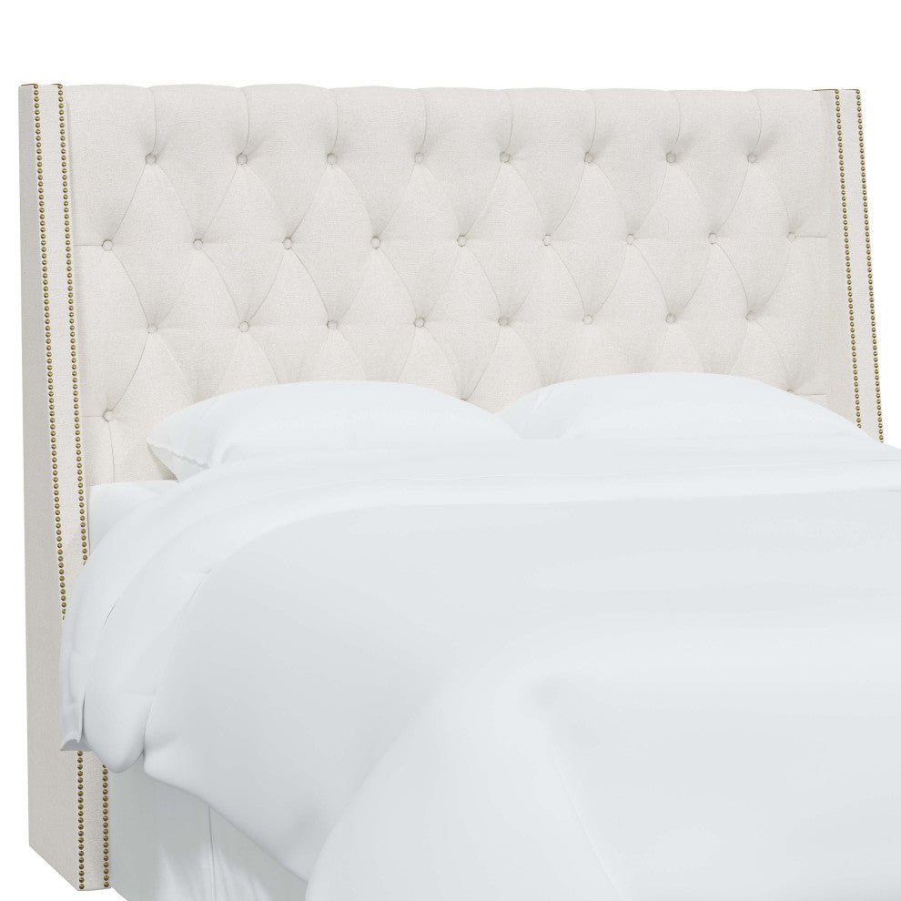Tufted Sloped Wingback Headboard, Nail Trim, Zuma White, Twin