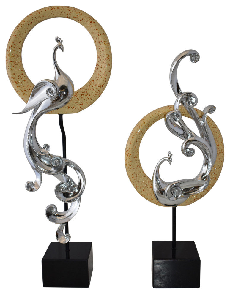Set of Graceful Silver Finish Peacocks Resin Statue Size: 11" x 6" x 28"H