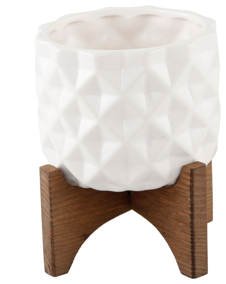 5" Ceramic Dimple Pattern On Wood Stand, White