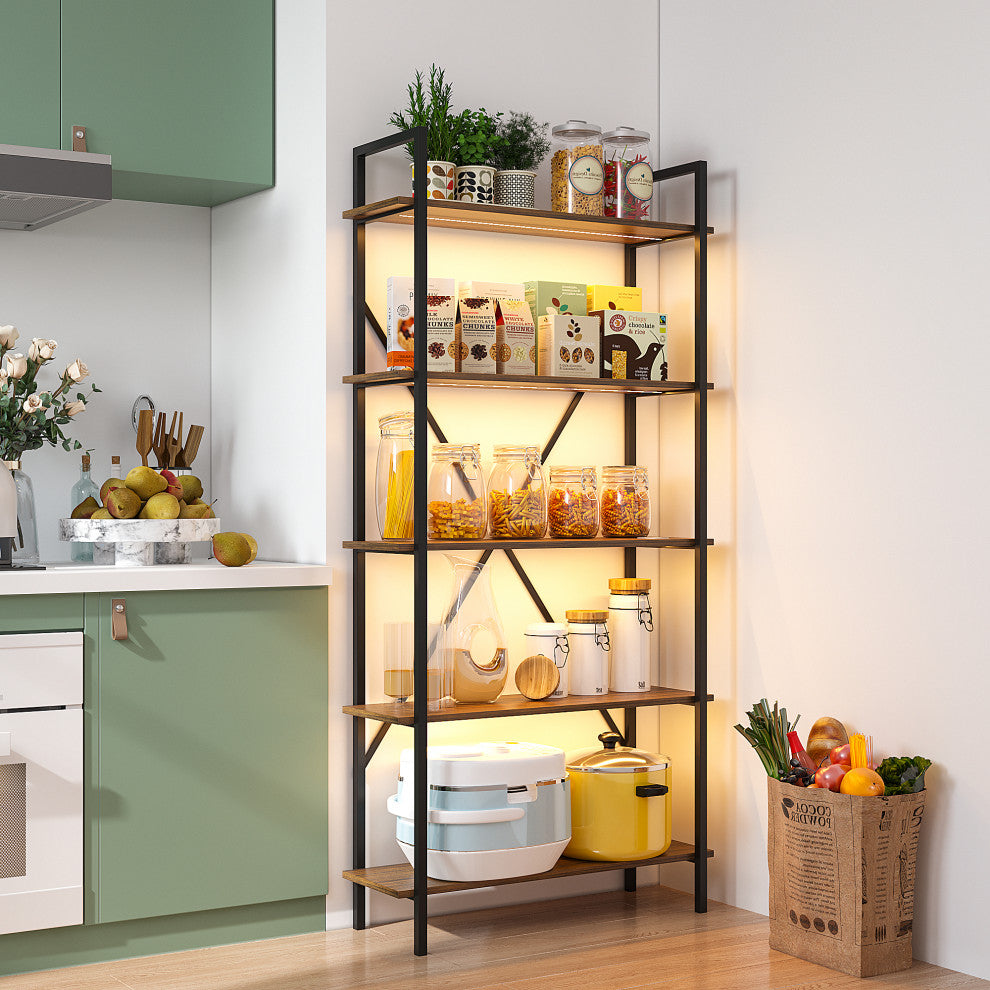 Multifunctional Smart Industrial 5-Shelf Bookcase W/ Tricolor Dimming LED Light,