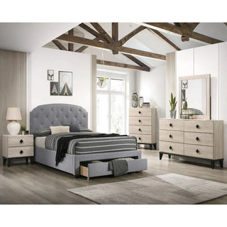 Linen Upholstered Twin Bed With 1 Drawer, Light Gray and Black