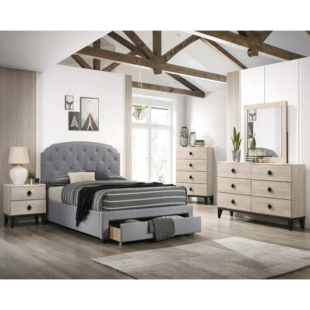 Linen Upholstered Twin Bed With 1 Drawer, Light Gray and Black
