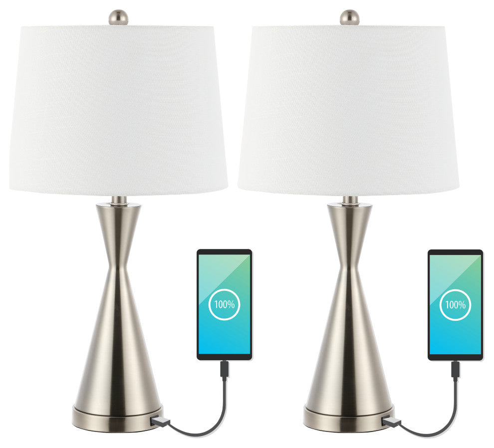Colton 26" French Country Iron Table Lamp, USB Charging, Set of 2, Nickel