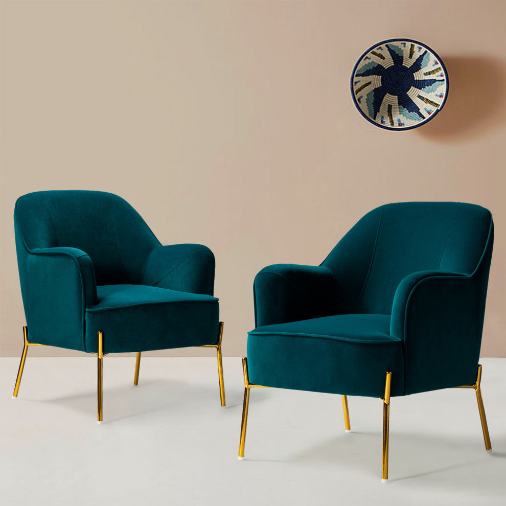 Nora Upholstered Velvet Accent Chair With Golden Base Set of 2, Teal