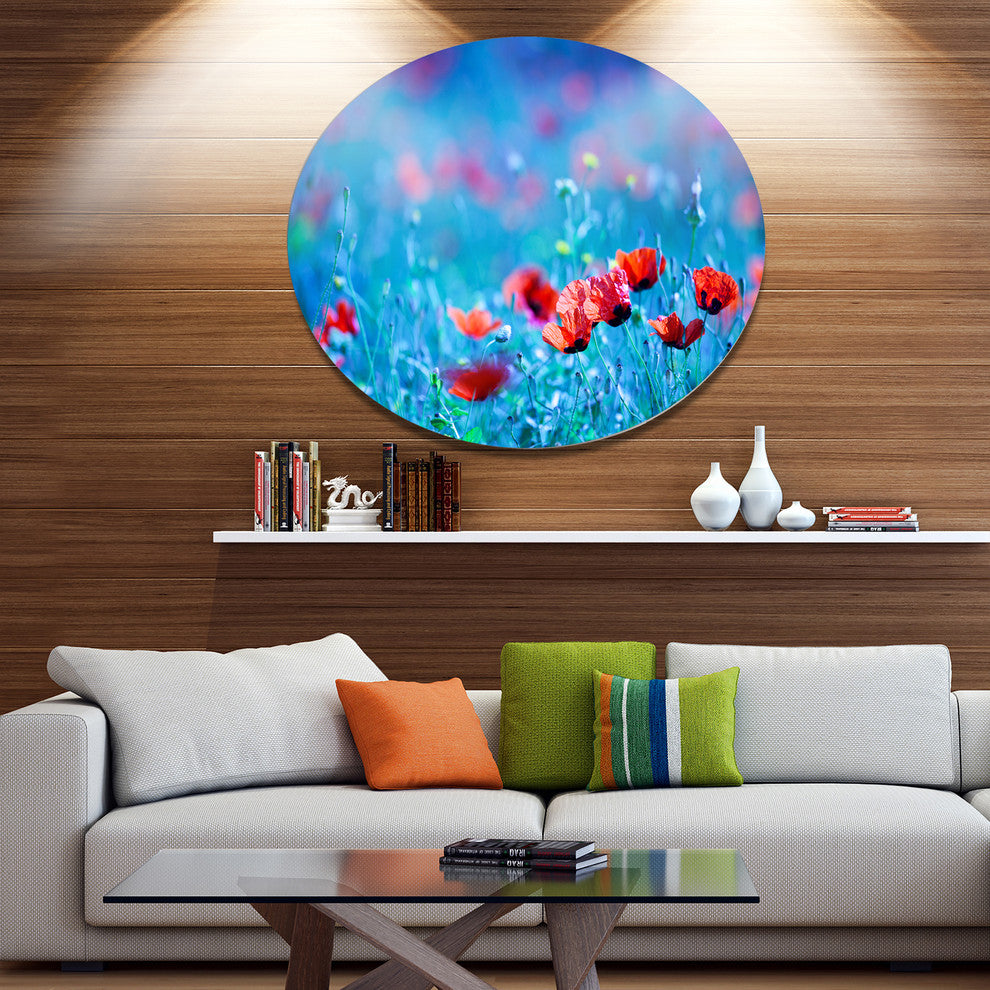 Poppy Flowers Field At Night, Modern Floral Round Wall Art, 36"