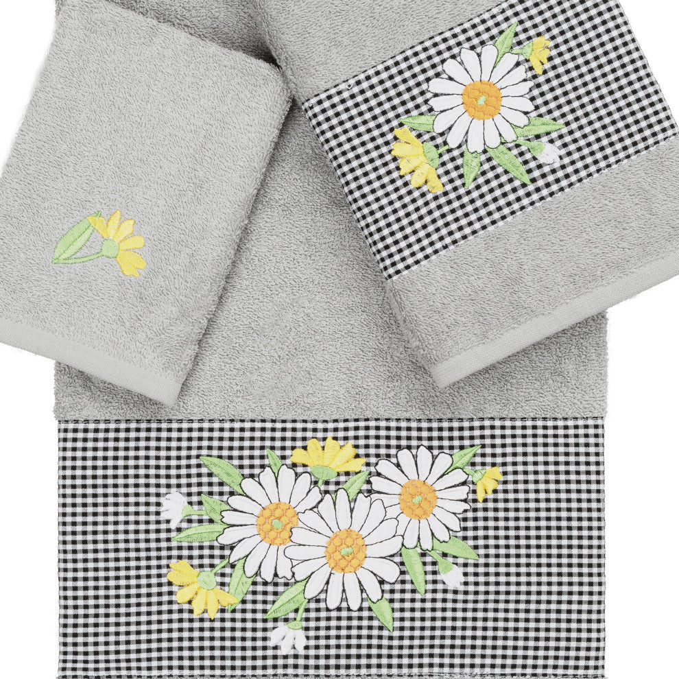 Linum Home Turkish Cotton Daisy 3-Piece Embellished Towel Set, Light Gray