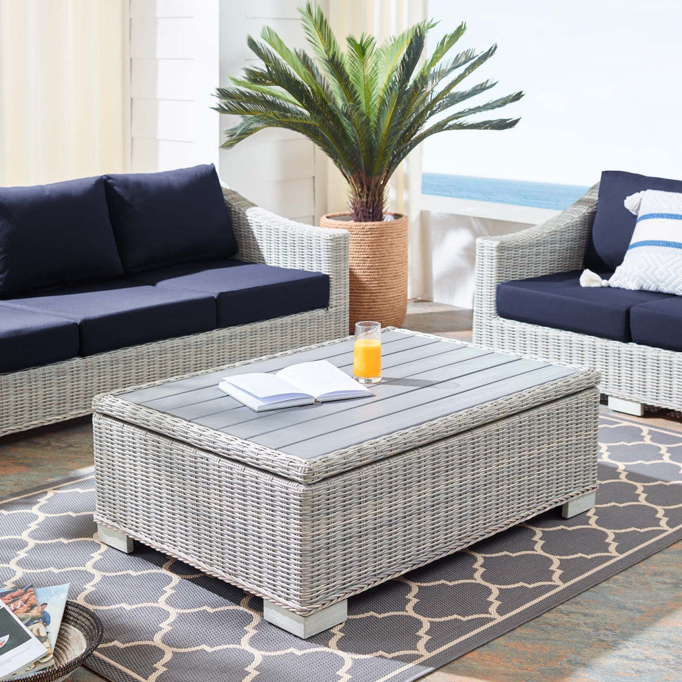 Lounge Coffee Table, Rectangular, Rattan, Wicker, Gray, Modern, Outdoor