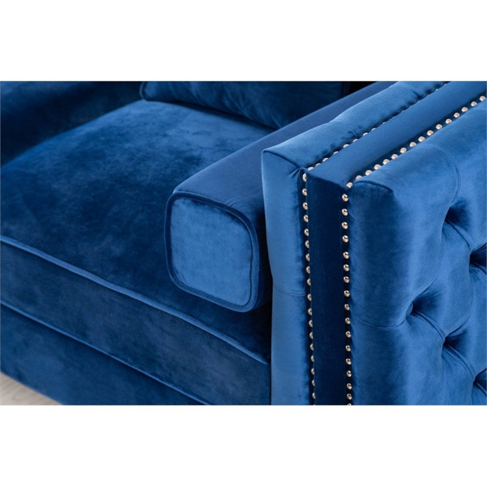 Legend Vansen 104" Modern Wood & Velvet Fabric Sofa with Ottoman in Blue