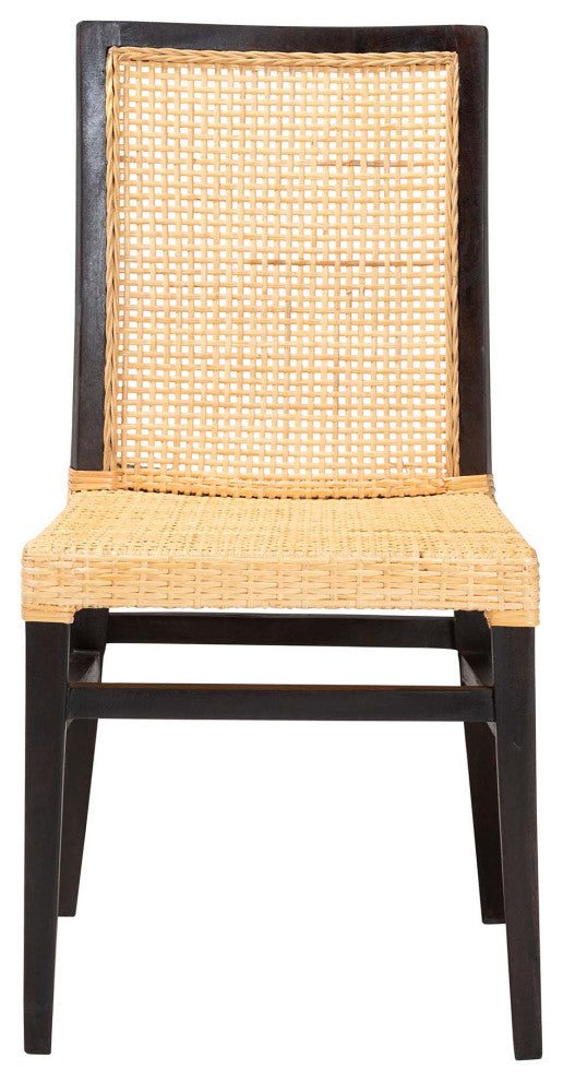 Modern Bohemian Dark Brown Mahogany Wood and Natural Rattan Dining Chair