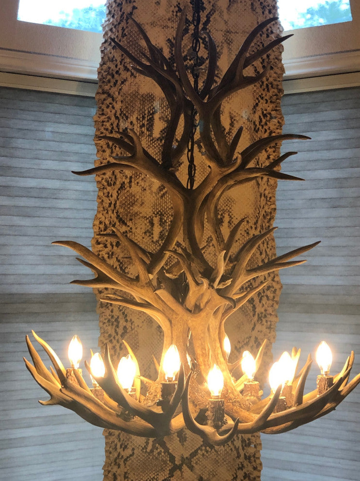 Mule Deer Tall Spruce Antler Chandelier Light, Extra Large, No Shades
