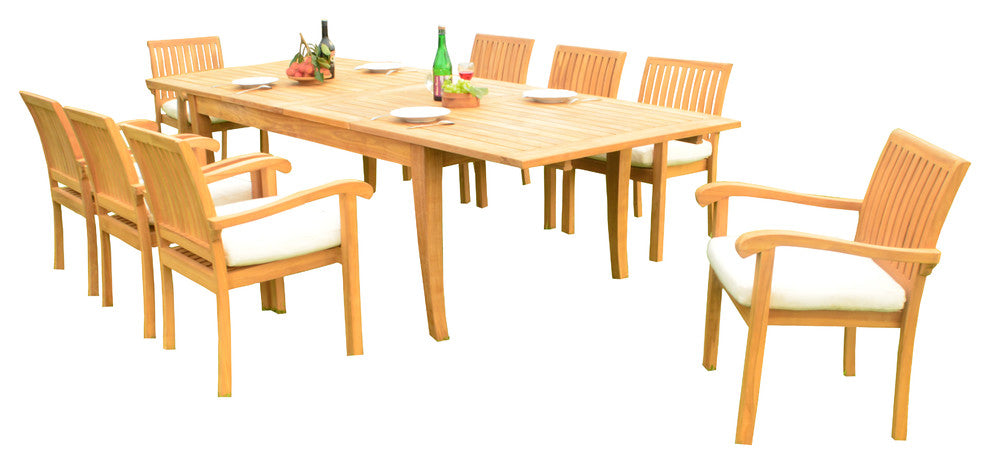 9-Piece Teak Dining Set, 122" X-Large Rectangle Table, 8 Nain Stacking Chairs