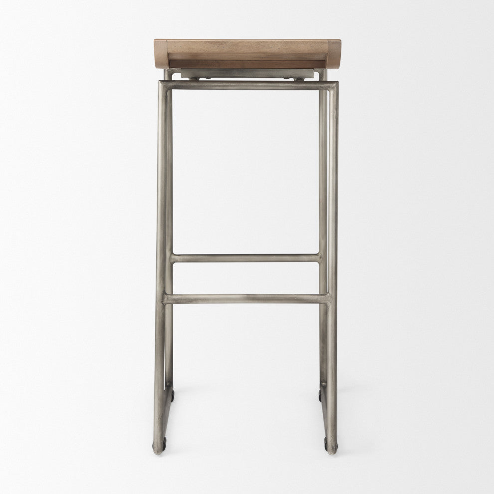 Givens Light Brown Solid Wood with Silver Metal Frame Bar Stool