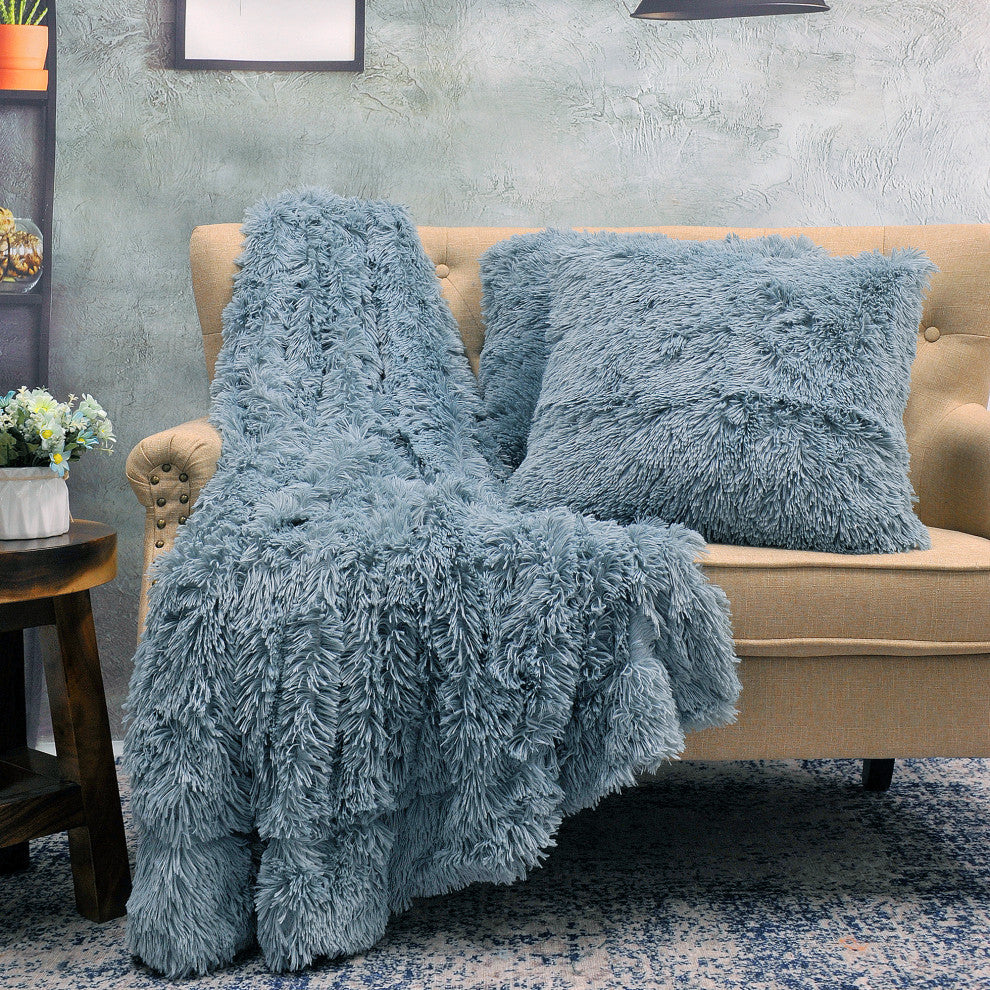 Shaggy Throw Blanket and 2 Pillow Shell 3 Piece Set, Silver Blue, Throw 60"x80" and 2 Pillow Shells 20"x20"