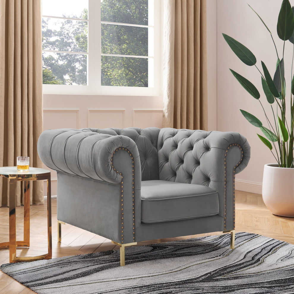 Inspired Home Ariadna Club Chair Button Tufted, Gray Velvet