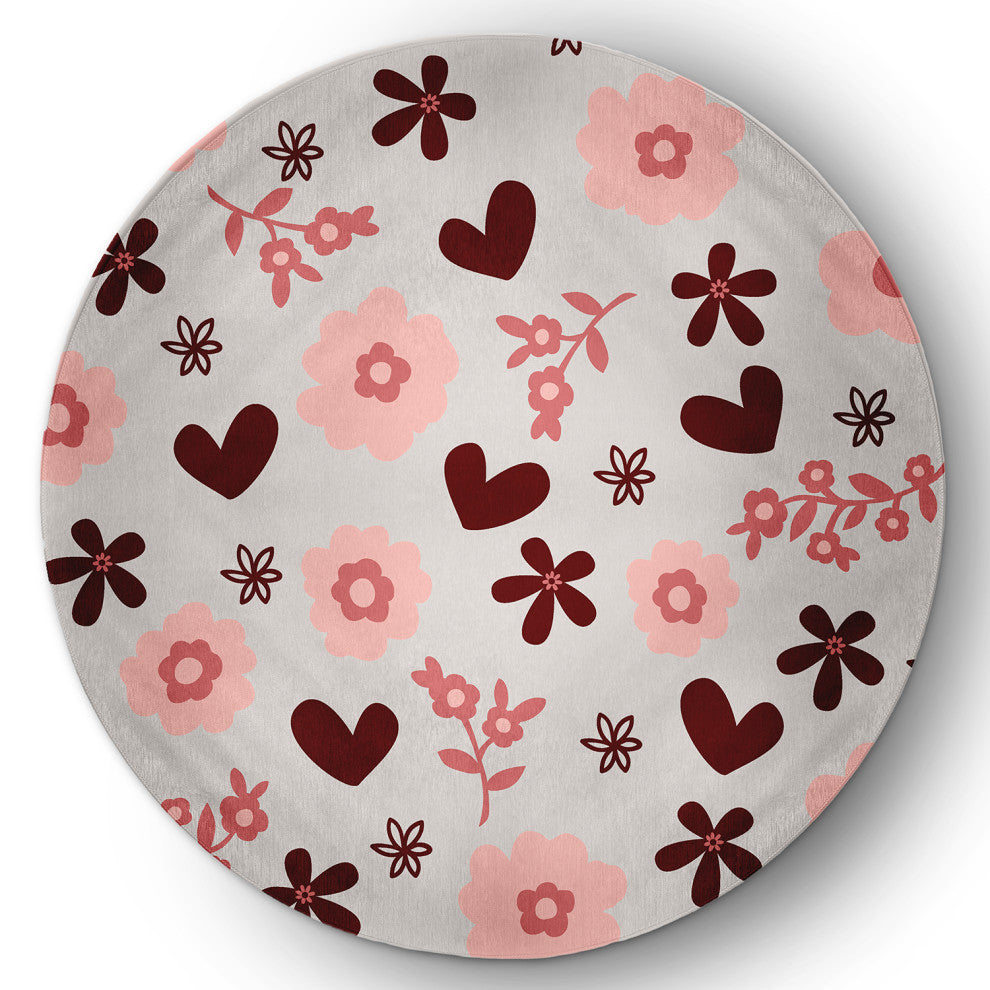 Flowery Love Valentines Chenille Rug, Gray, 5' Round