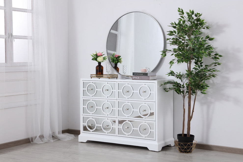 48" Mirrored 6 Drawer Cabinet, White