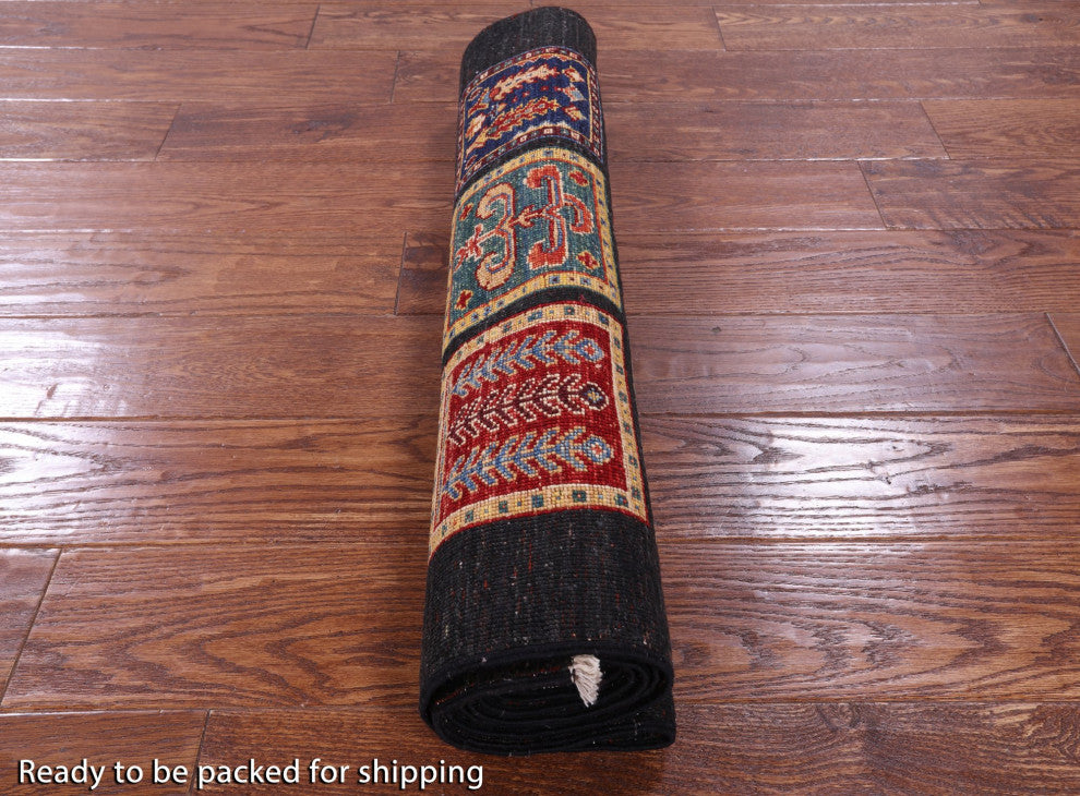 2' 6" X 6' 5" Runner Persian Garden Design Black Hand-Knotted Rug Q10687