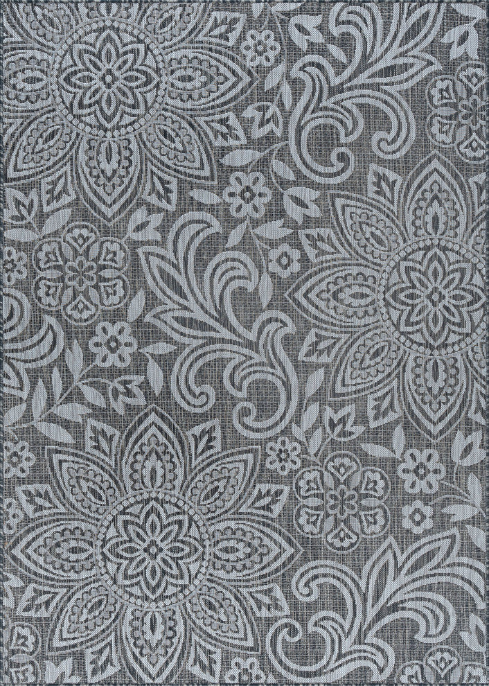 Savine Transitional Floral Charcoal Rectangle Indoor/Outdoor Area Rug, 8''x10''