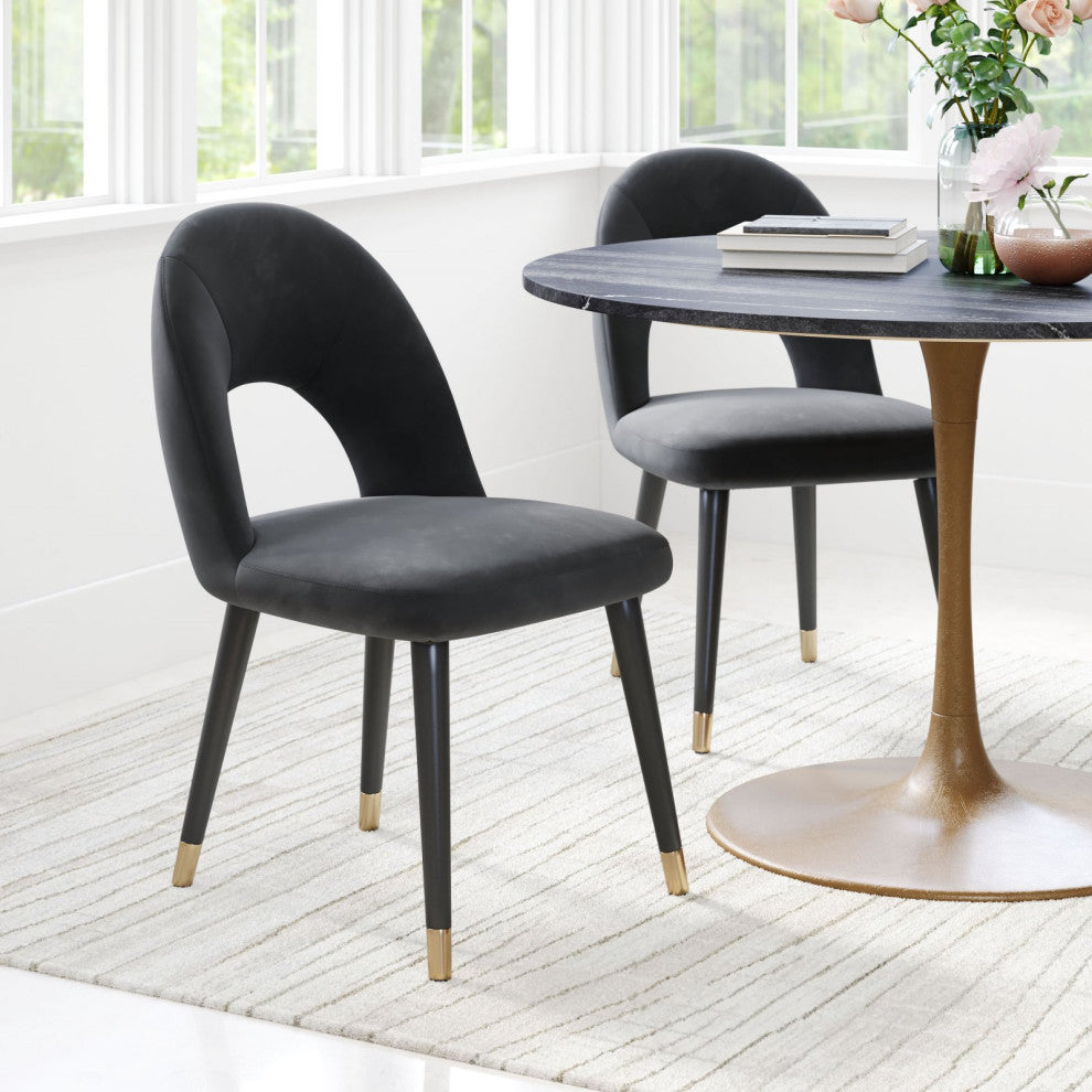 Side Dining Chair, Set of 2, Fabric, Wood, Black, Gold, Bar Kitchen Cafe Bistro
