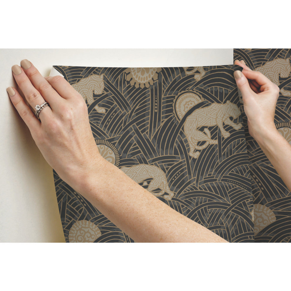 Tibetan Tigers Wallpaper, Black, Taupe, Gold