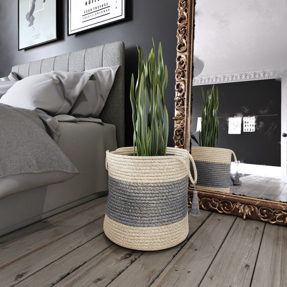 Bold Striped Off-White Jute Decorative Storage Basket with Handles