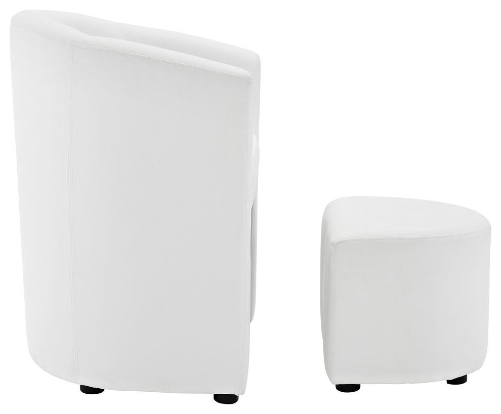 Modern Contemporary Armchair and Ottoman, White Faux Leather