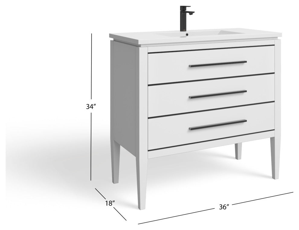 Celios Bathroom Vanity, White With Black Trim, 36", Single Sink, Freestanding