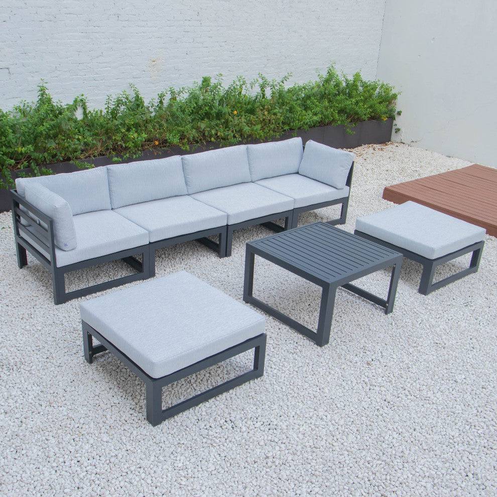 LeisureMod Chelsea 7-Piece Patio Ottoman Sectional With Coffee Table, Light Gray