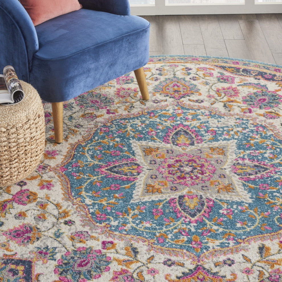 8 Round Pink and Blue Floral Medallion Area Rug