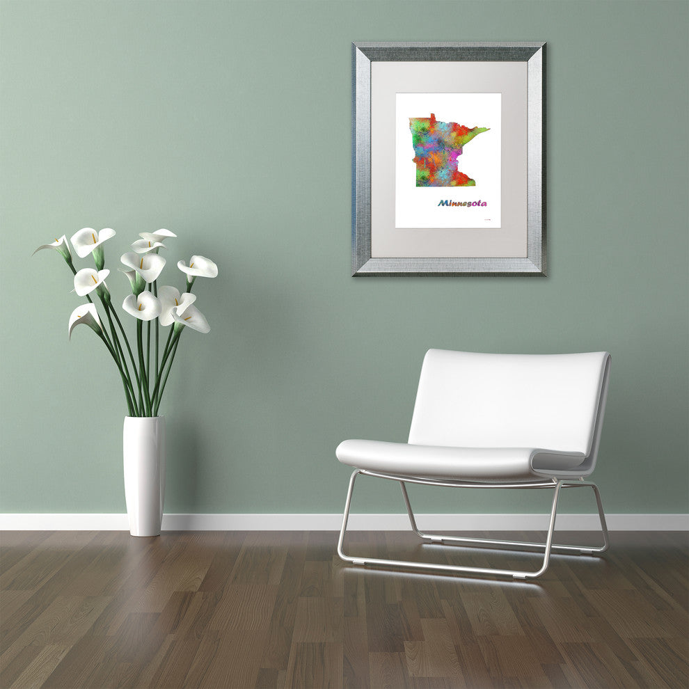 Marlene Watson 'Minnesota State Map-1' Art, Silver Frame, 11"x14", White Matte
