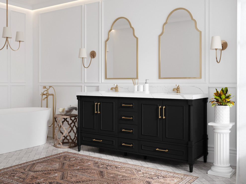 Aberdeen 72 Double Sink Bath Vanity In Black 2" Calacatta Gold