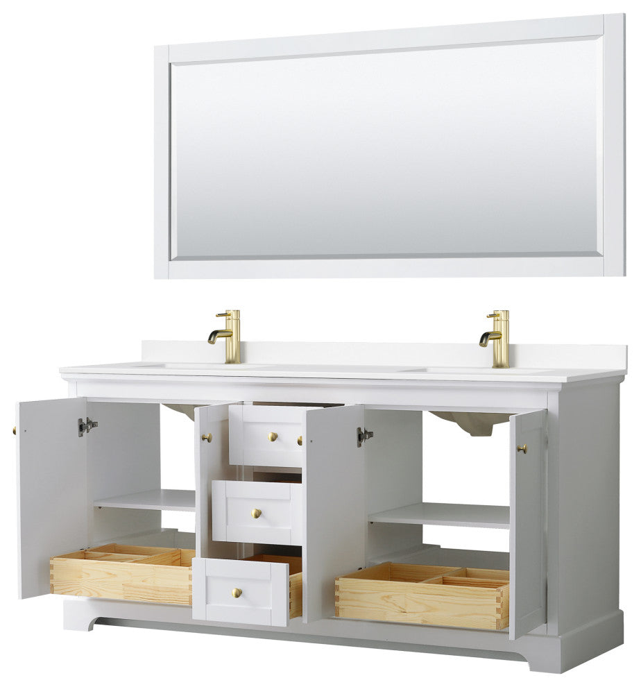 72"DBL Vanity White, White Cult. Marble Countertop, Sinks, 70"Mirror, Gold Trim
