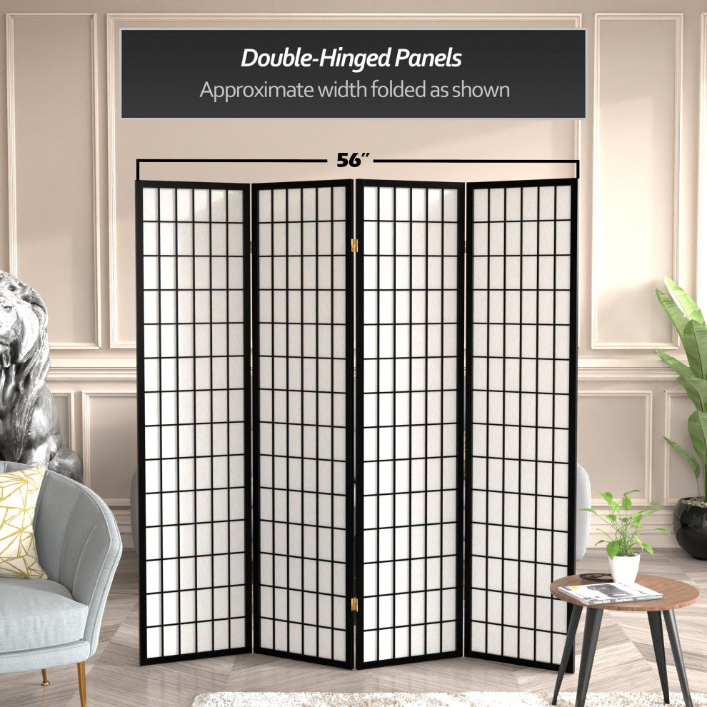 6' Tall Window Pane Shoji Screen, Black, 4 Panels