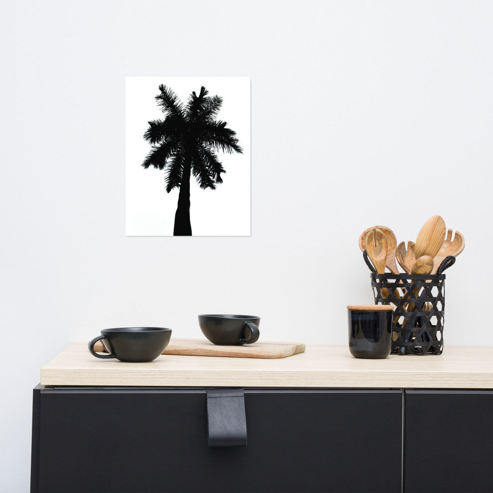 Palm Tree Silhouette on Pure White Tropical Botanical Unframed Wall Art Print, 11" X 14"