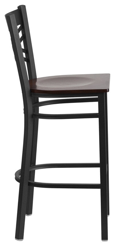 Black "X" Back Metal Restaurant Barstool, Walnut Wood Seat
